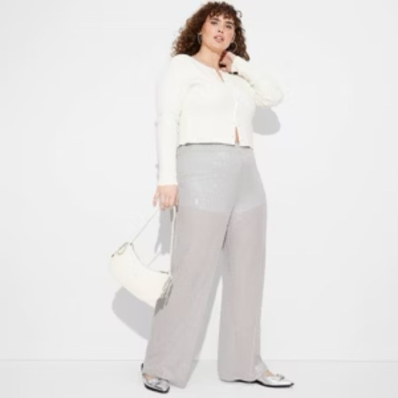 Wild Fable-Mid-Rise Wide Leg Sequined Pants w/ Free White V Neck Tee - Picture 3 of 7